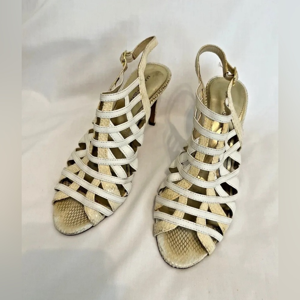 Snakeskin Marc Fischer 7.5 Strappy White Sandals 3” Heel Buckle Ankle